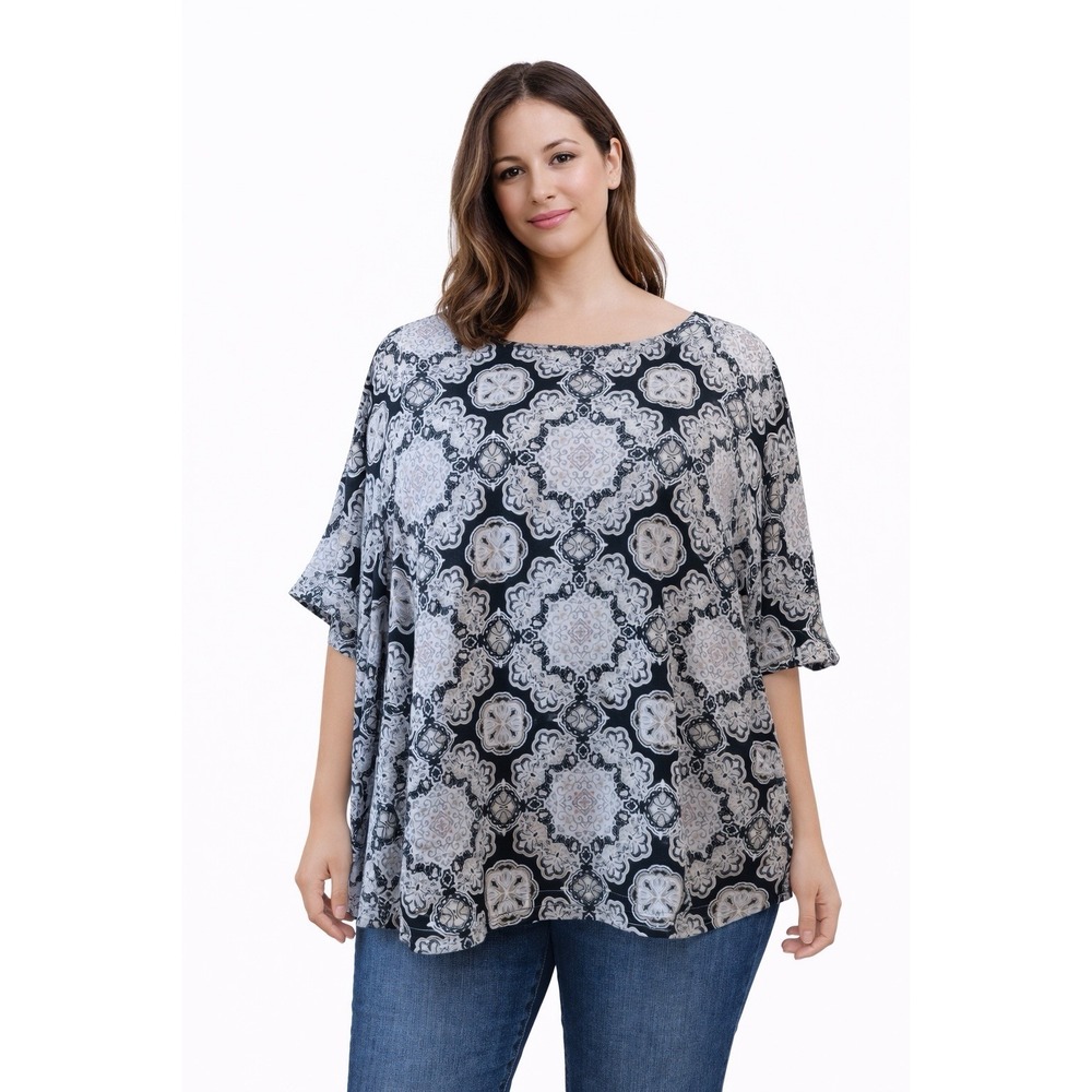 Croft Barrow Womens Blouse 1X Black Beige Floral Print Creek Neck Short Sleeve